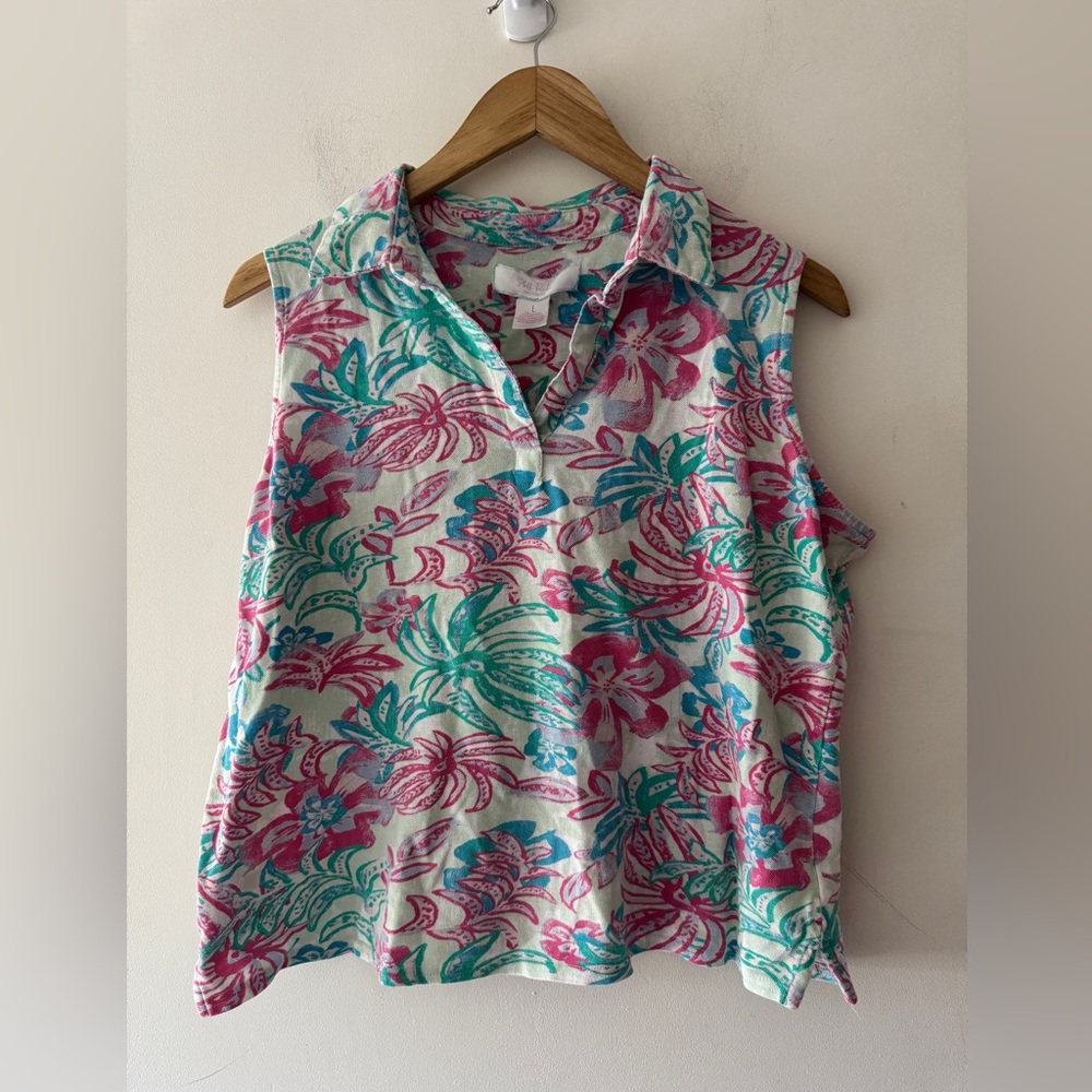 Stella Parker Collection Floral‎ Tropical Summer Print Sleeveless Polo Top
